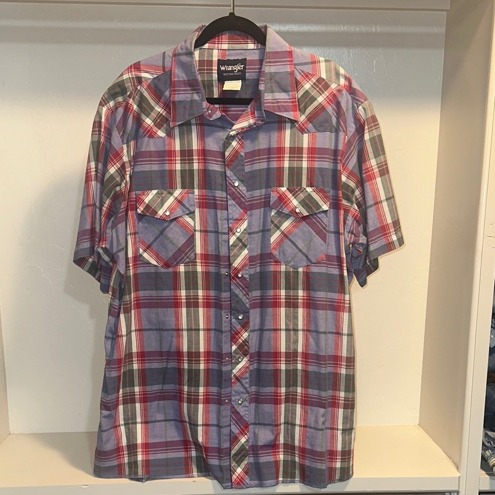 Wrangler Men's Plaid Button-Down Shirt - Red, Blue, and White